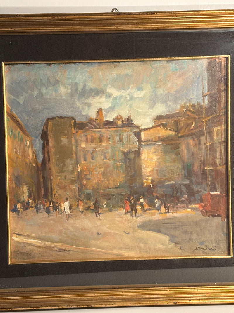 Dipinto Olio su Tavola di Paesaggio Cittadino di A. Faini Anni 50