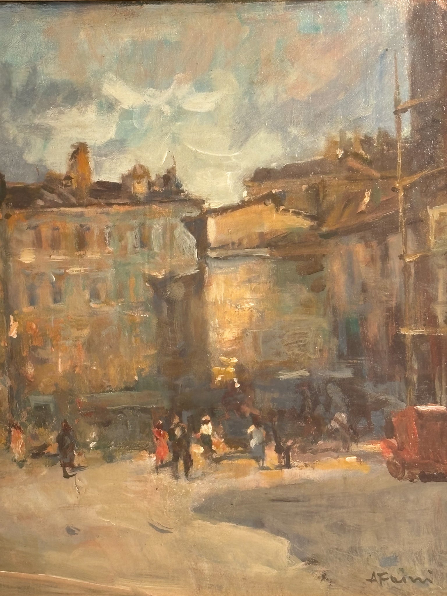 Oil Painting on Panel of Urban Landscape by A. Faini 1950s