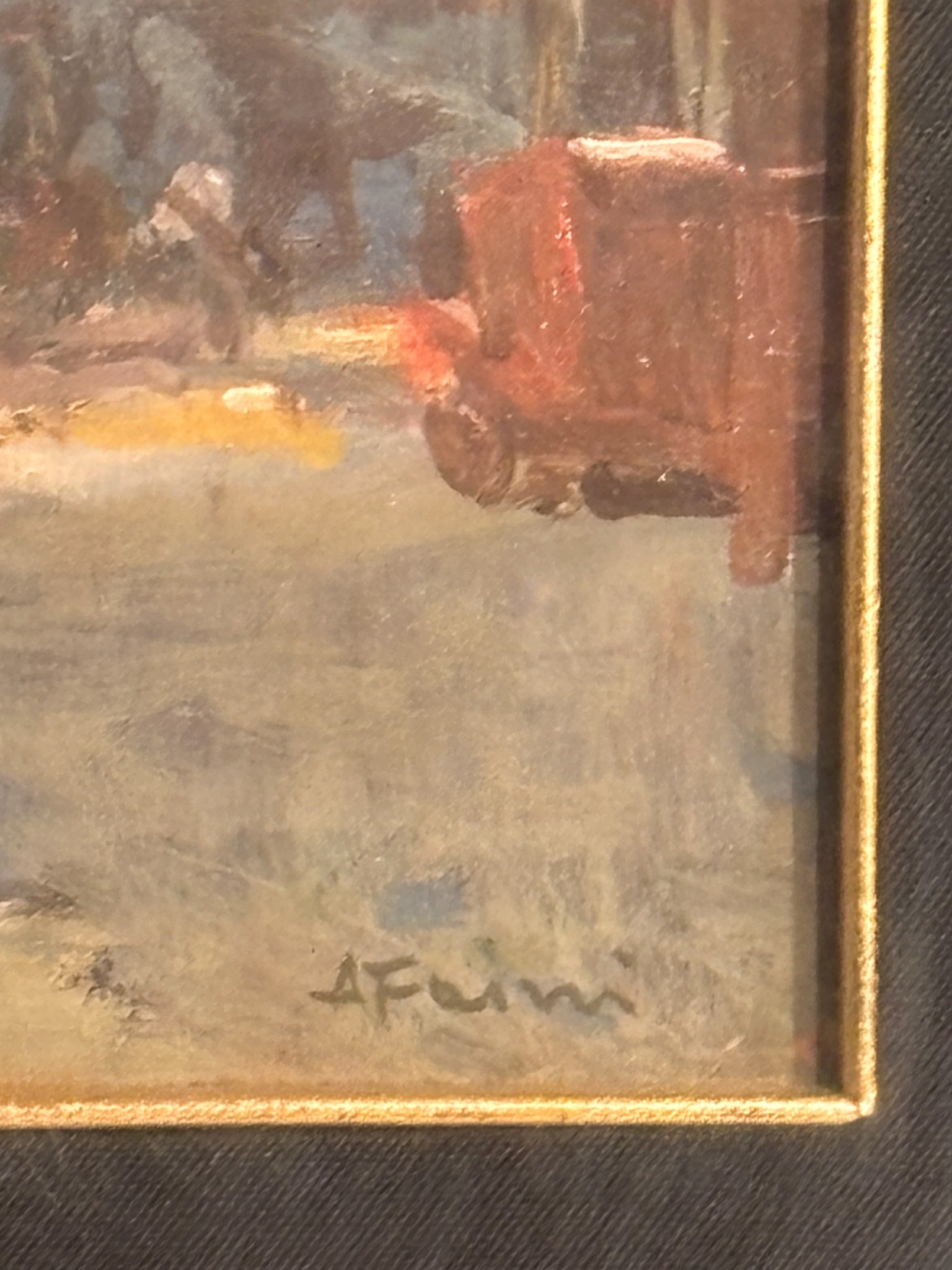 Oil Painting on Panel of Urban Landscape by A. Faini 1950s