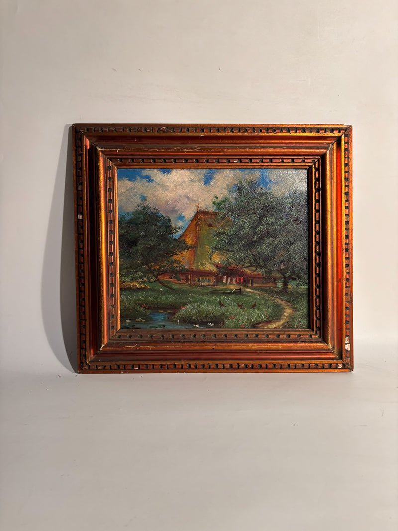 Oil Painting on Cardboard of Swiss Landscape with Chalet 1950s