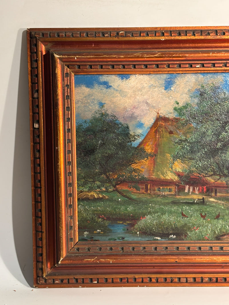 Oil Painting on Cardboard of Swiss Landscape with Chalet 1950s