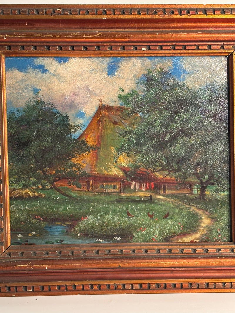 Oil Painting on Cardboard of Swiss Landscape with Chalet 1950s