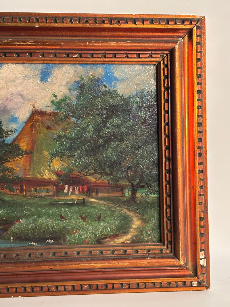 Oil Painting on Cardboard of Swiss Landscape with Chalet 1950s