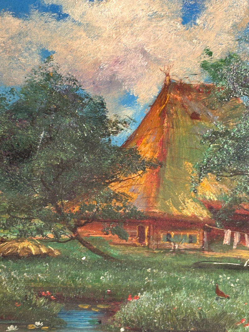 Oil Painting on Cardboard of Swiss Landscape with Chalet 1950s