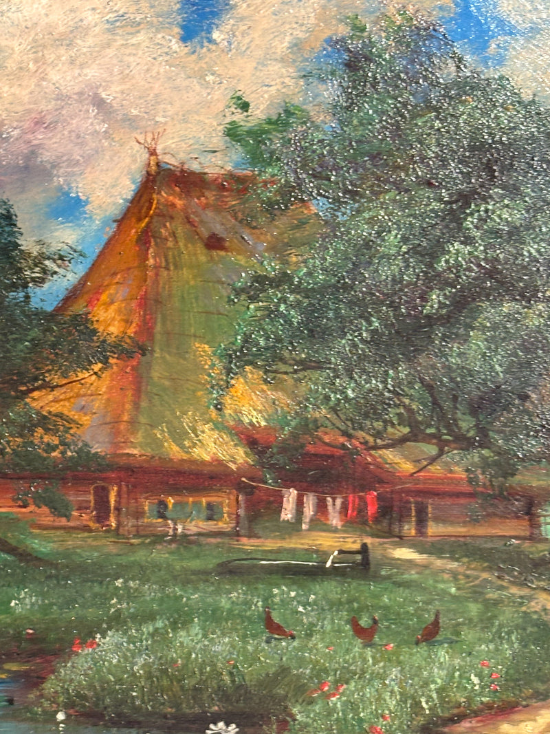 Oil Painting on Cardboard of Swiss Landscape with Chalet 1950s