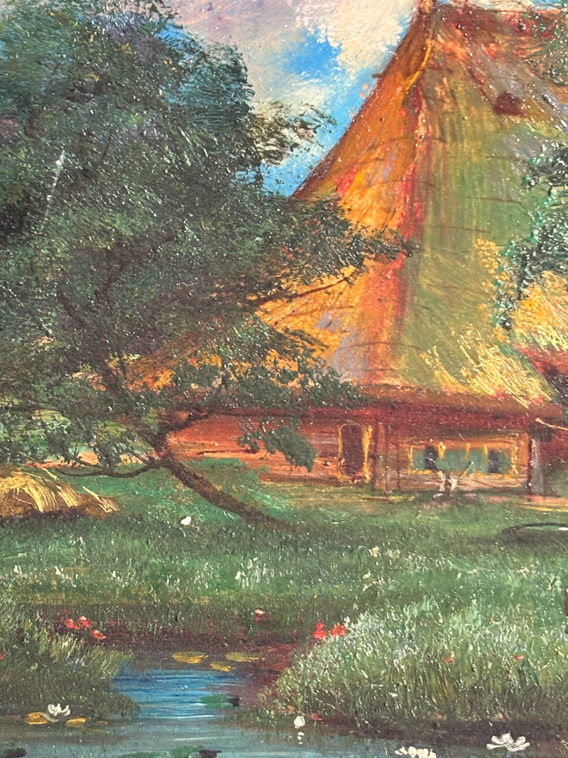 Oil Painting on Cardboard of Swiss Landscape with Chalet 1950s