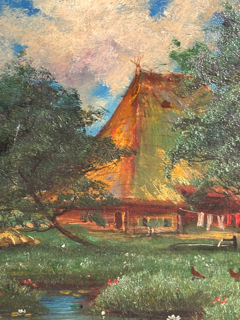 Oil Painting on Cardboard of Swiss Landscape with Chalet 1950s