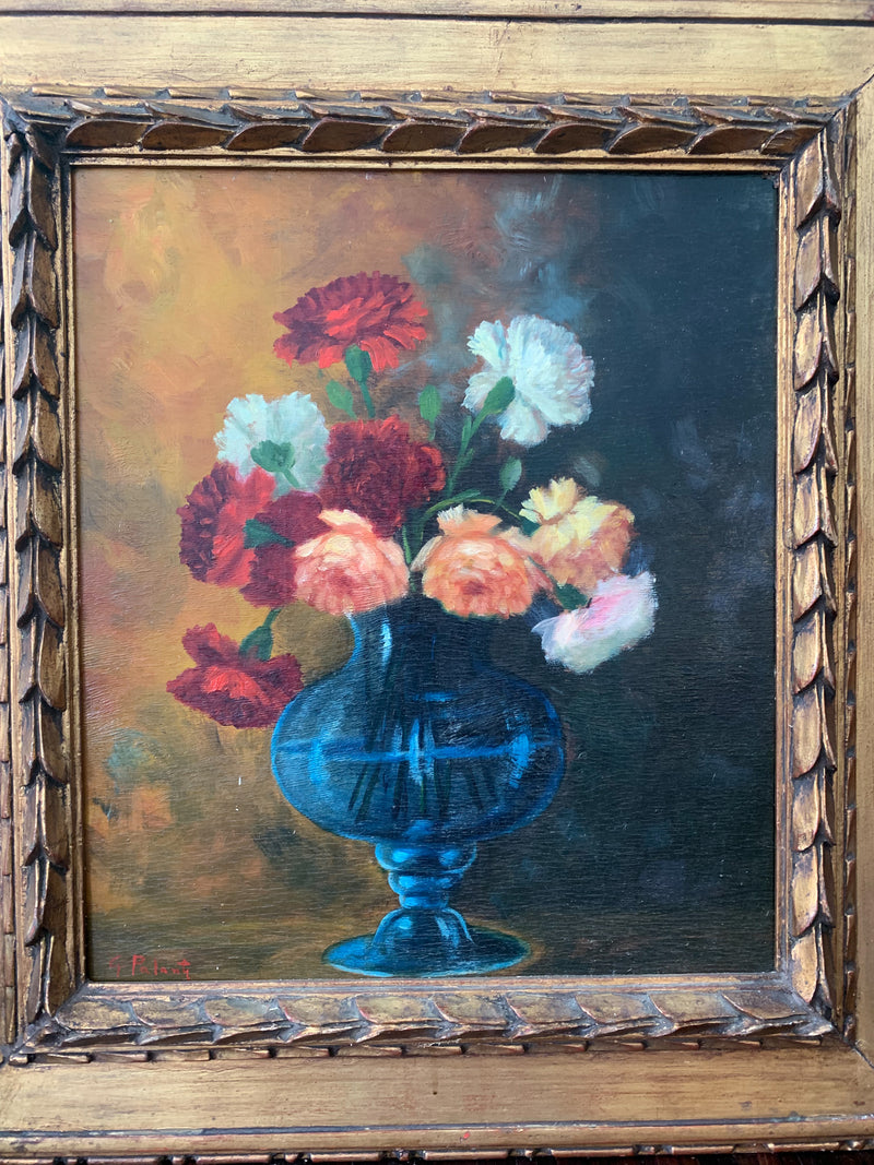 Oil painting on canvas of vase with flowers from the 30s
