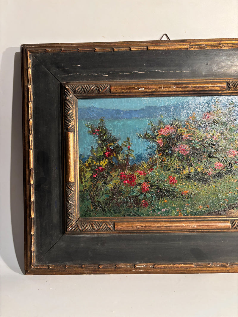 Oil Painting on Panel of Flower Bush by Ugo Mazzolari (Cremona 1873 - Milan 1946)