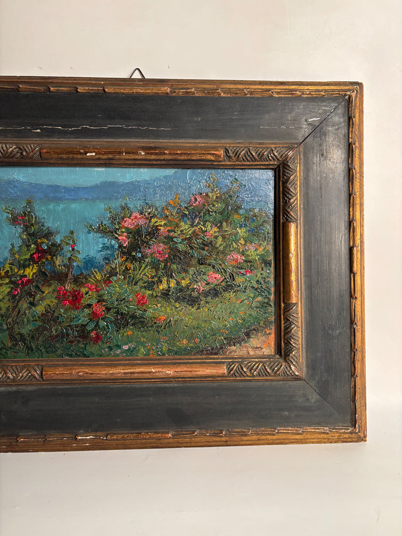 Oil Painting on Panel of Flower Bush by Ugo Mazzolari (Cremona 1873 - Milan 1946)