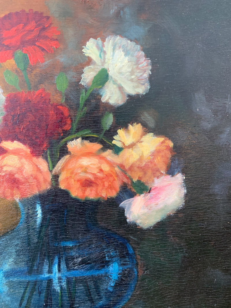 Oil painting on canvas of vase with flowers from the 30s