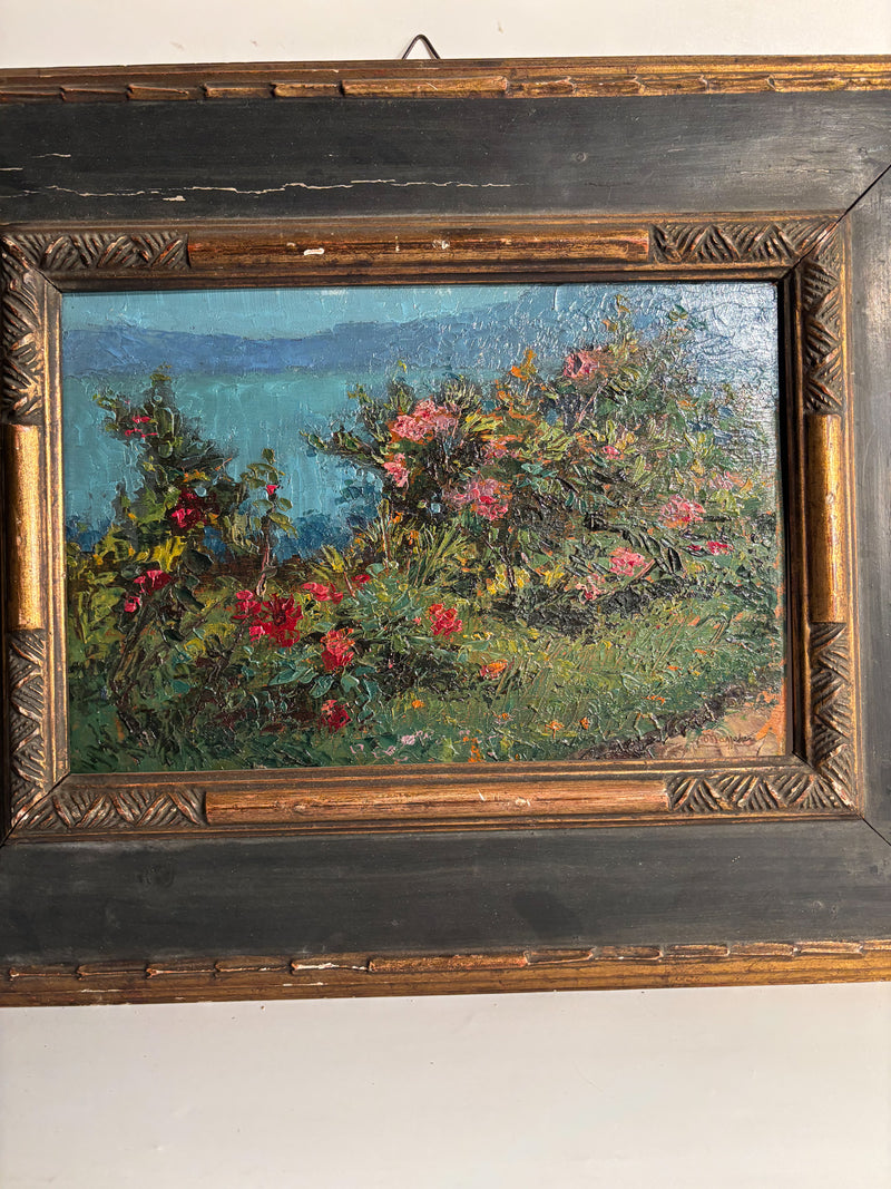 Oil Painting on Panel of Flower Bush by Ugo Mazzolari (Cremona 1873 - Milan 1946)