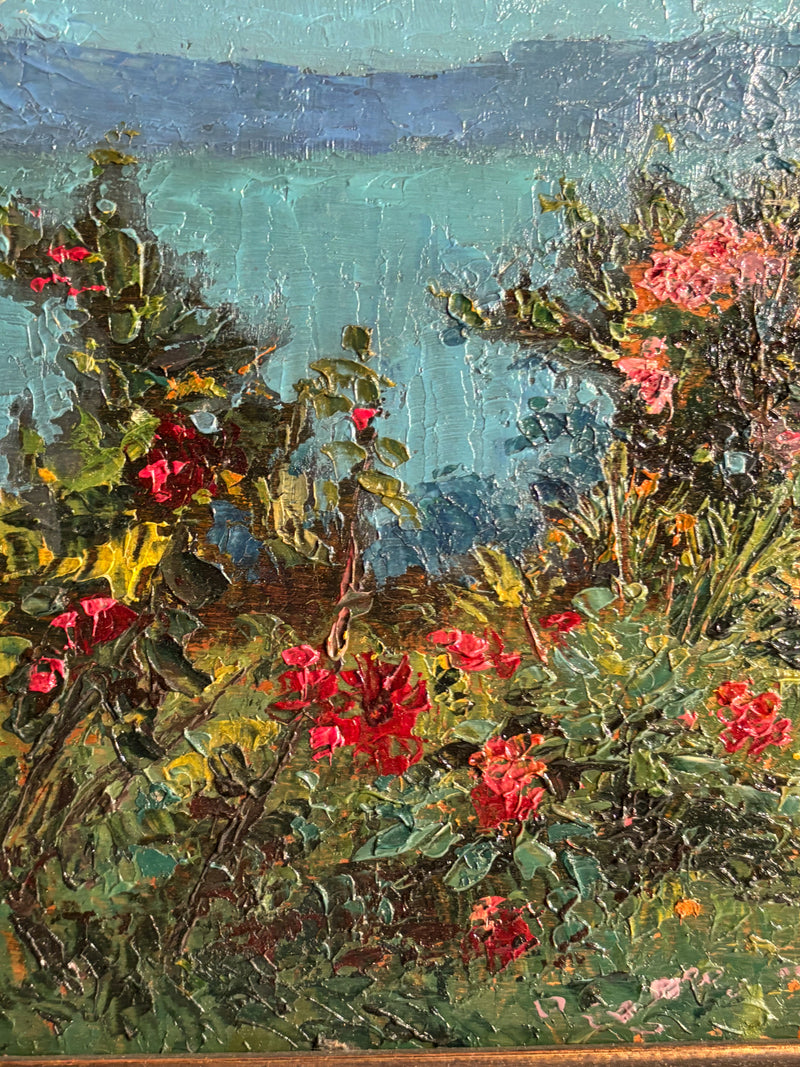 Oil Painting on Panel of Flower Bush by Ugo Mazzolari (Cremona 1873 - Milan 1946)