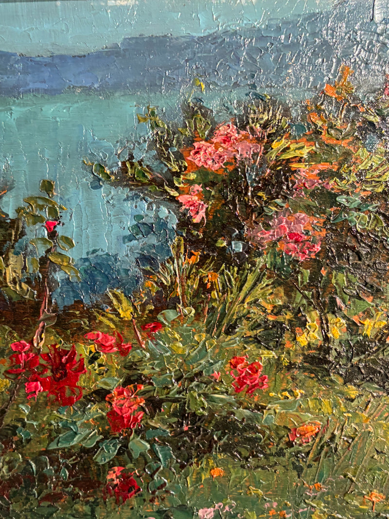 Oil Painting on Panel of Flower Bush by Ugo Mazzolari (Cremona 1873 - Milan 1946)