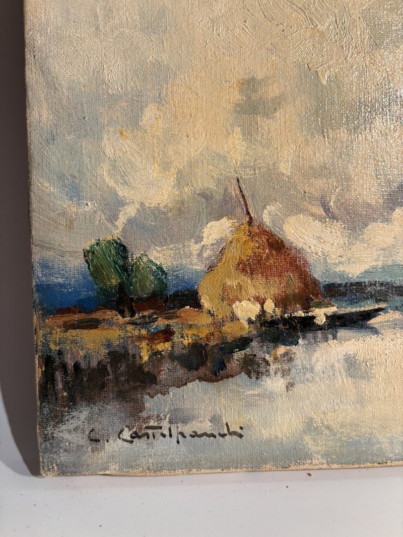 Oil Painting on Canvas of Natural Landscape by C. Castelfranchi 1950s