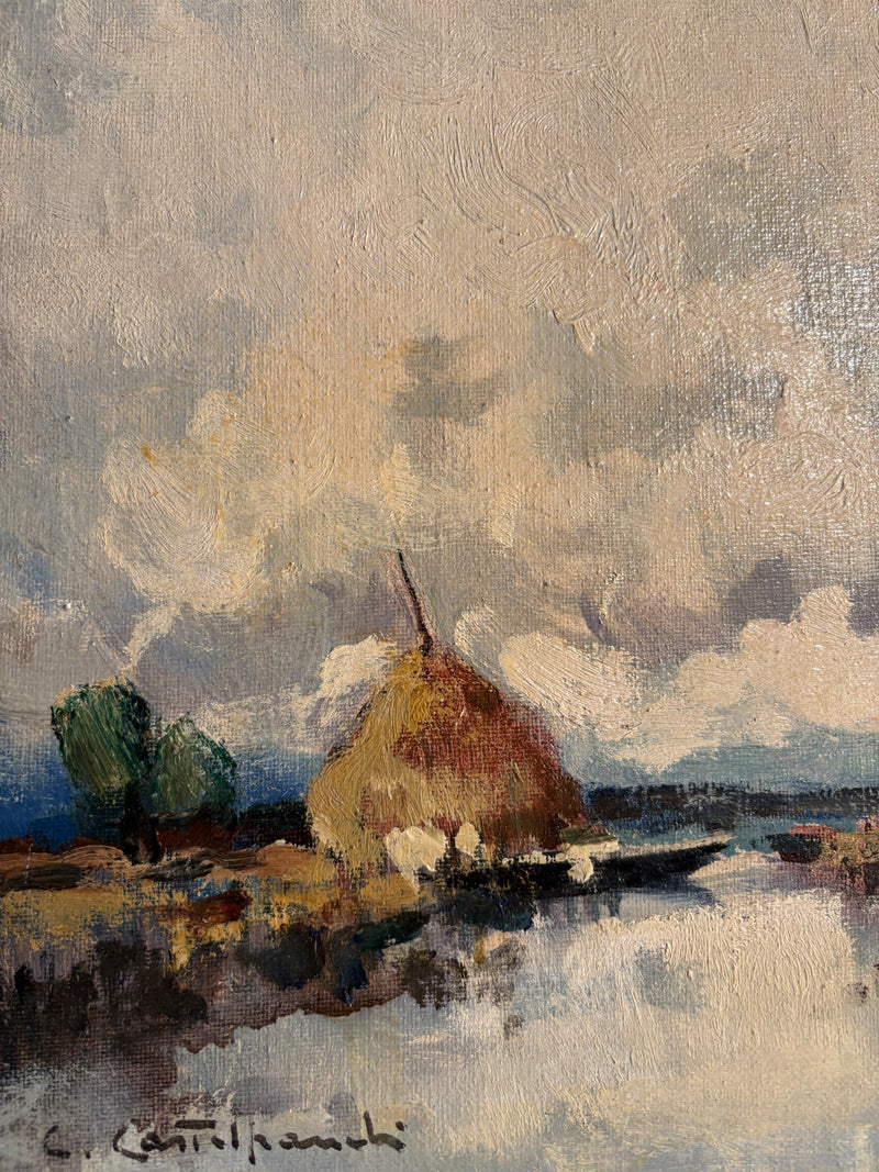 Oil Painting on Canvas of Natural Landscape by C. Castelfranchi 1950s