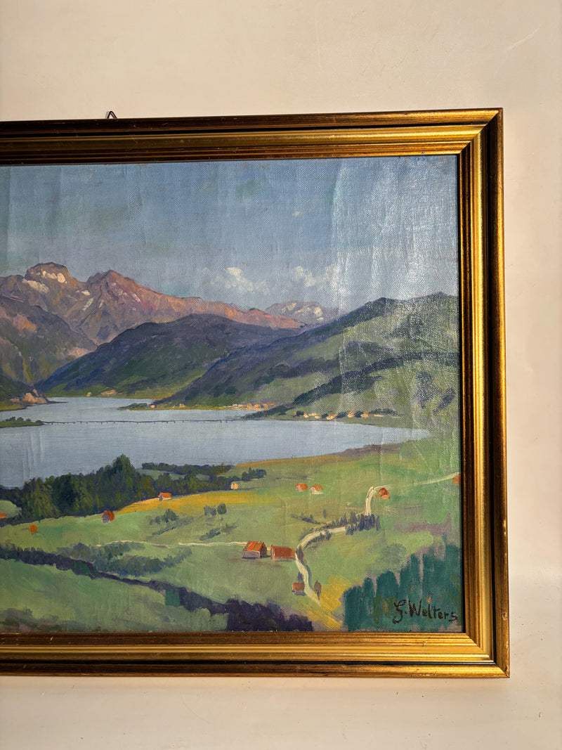 Oil Painting on Canvas of Lake Landscape by G. Welters 1950s