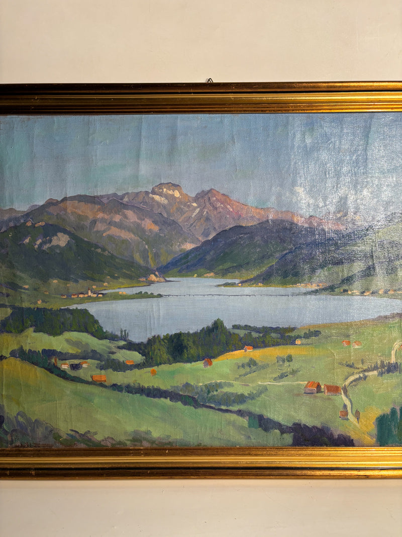 Oil Painting on Canvas of Lake Landscape by G. Welters 1950s