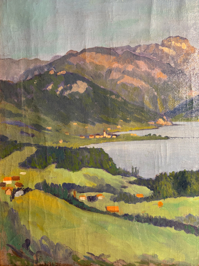 Oil Painting on Canvas of Lake Landscape by G. Welters 1950s