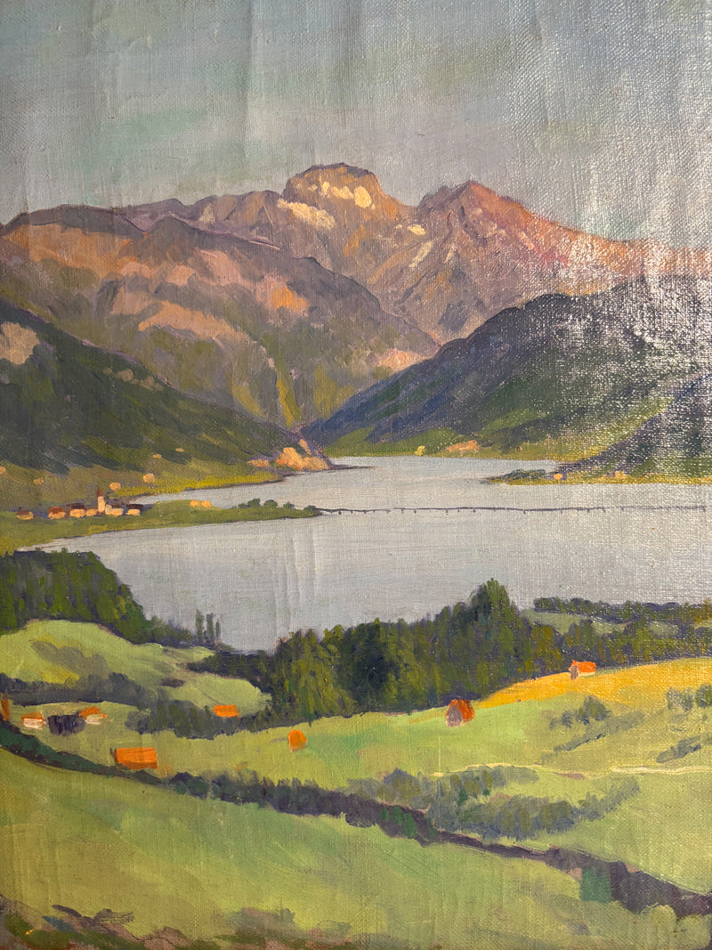 Oil Painting on Canvas of Lake Landscape by G. Welters 1950s