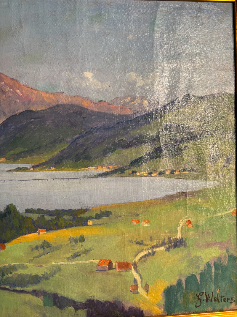 Oil Painting on Canvas of Lake Landscape by G. Welters 1950s