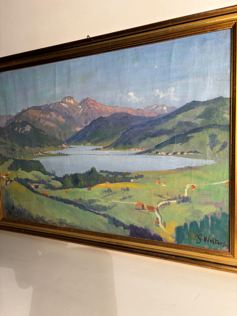 Oil Painting on Canvas of Lake Landscape by G. Welters 1950s