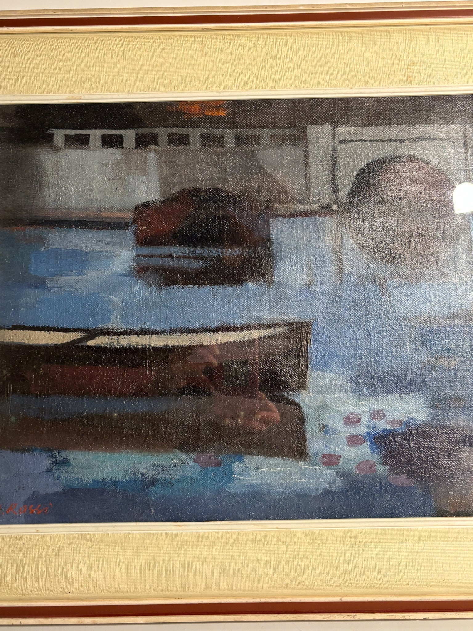 Oil Painting on Panel of Boats by A. Rossi 1970s