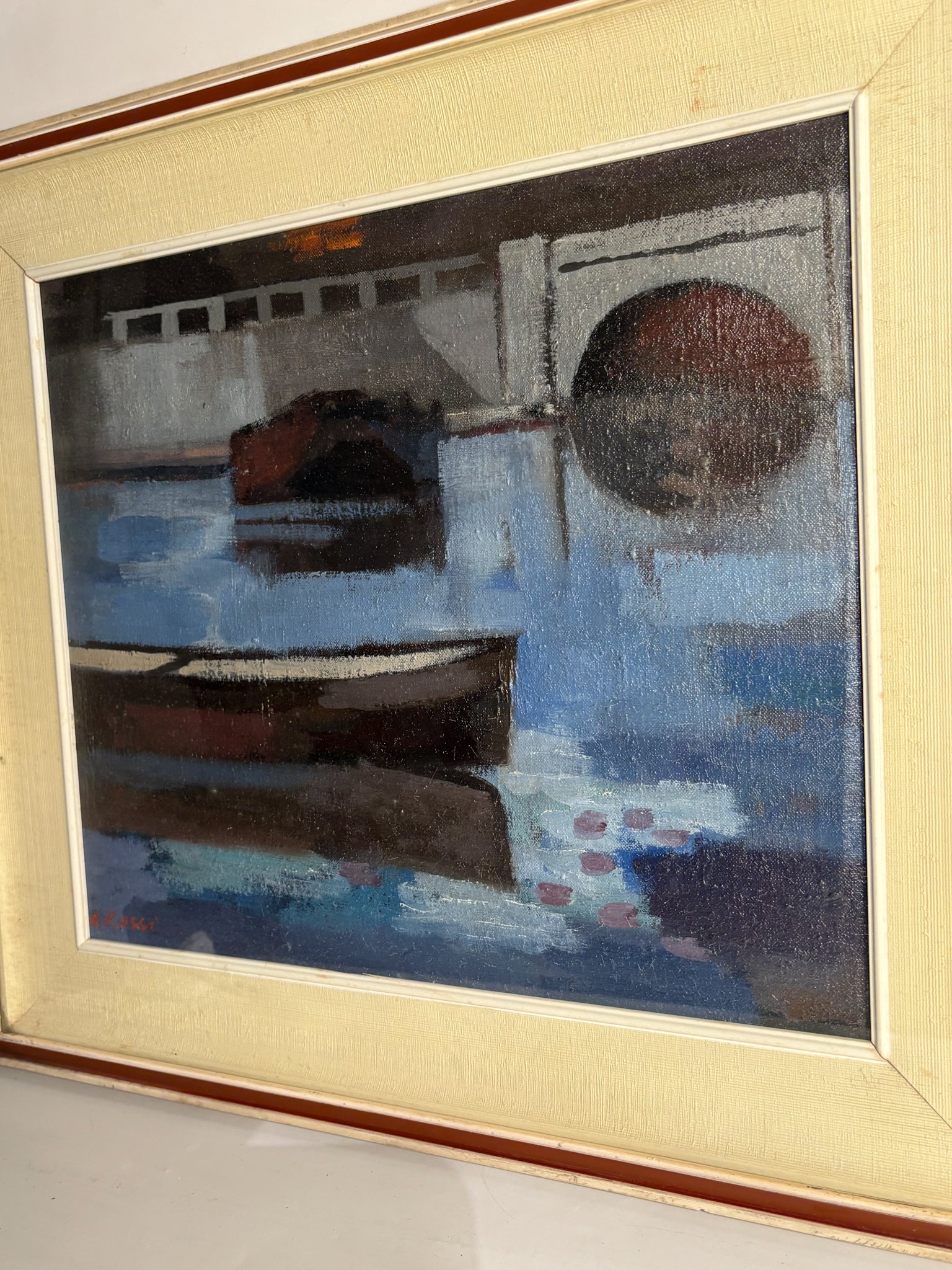 Oil Painting on Panel of Boats by A. Rossi 1970s