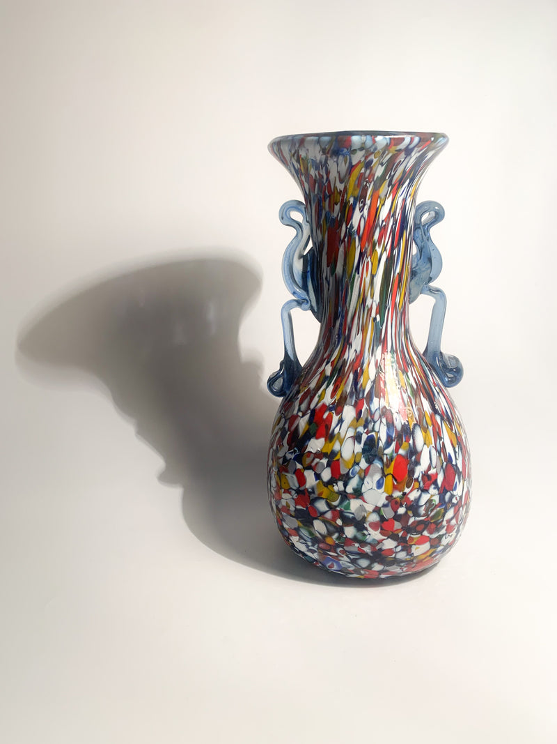 Vaso Multicolore Ansato in Vetro di Murano con Murrine Anni 40