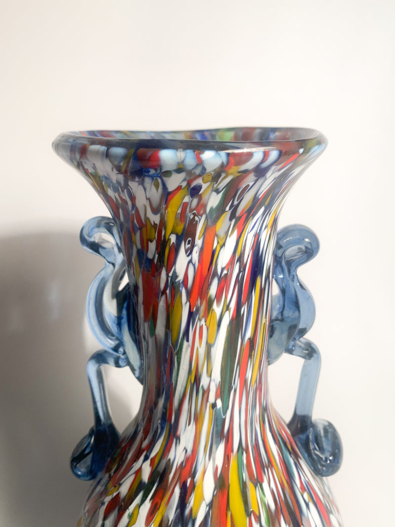 Vaso Multicolore Ansato in Vetro di Murano con Murrine Anni 40