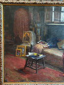 Dipinto Olio su Tela di una Scena Casalinga di Giovanni Iacovino Anni 40