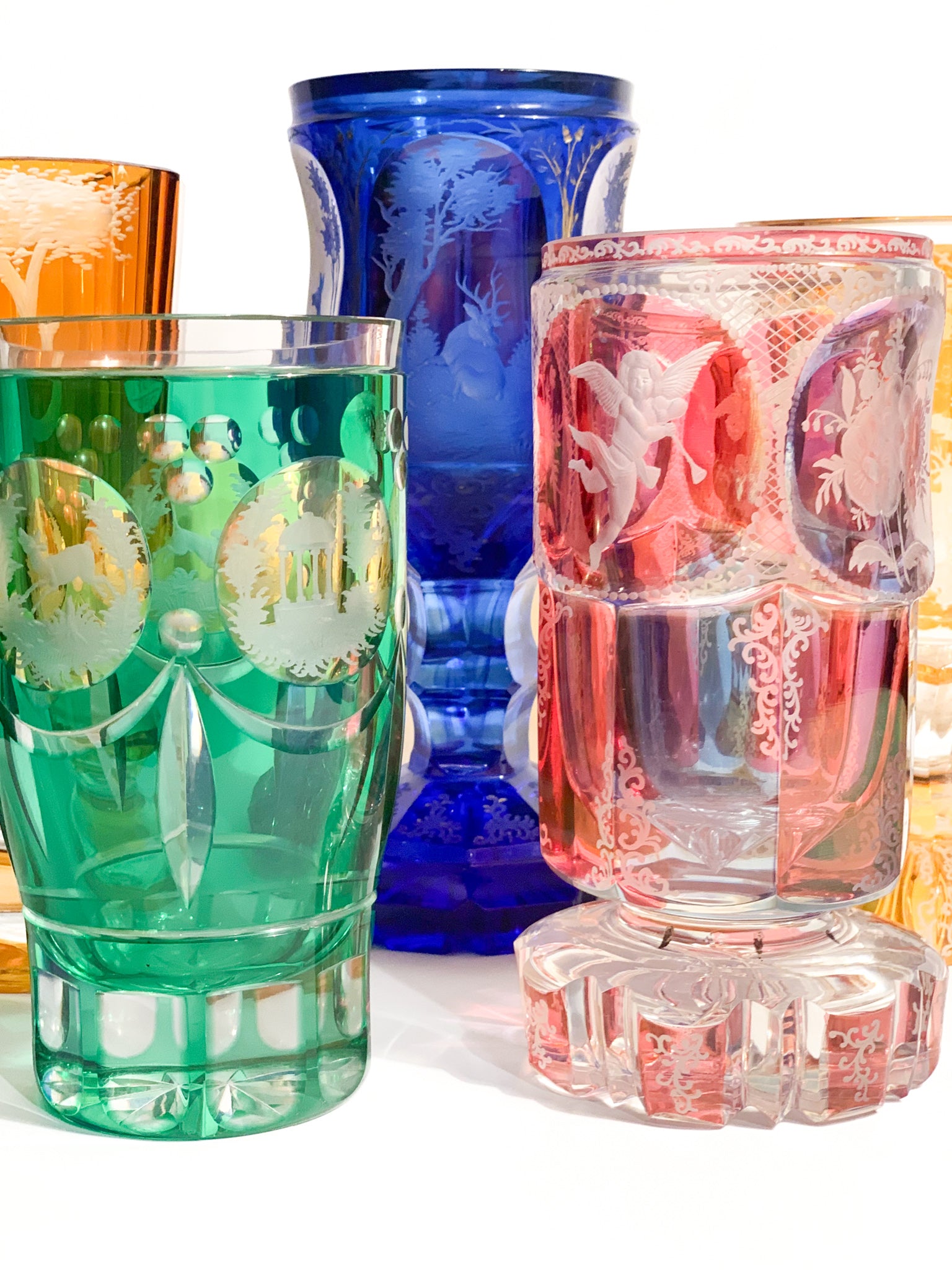 Pink and Purple Biedermeier Crystal Glass Decorated with Acid in 1800