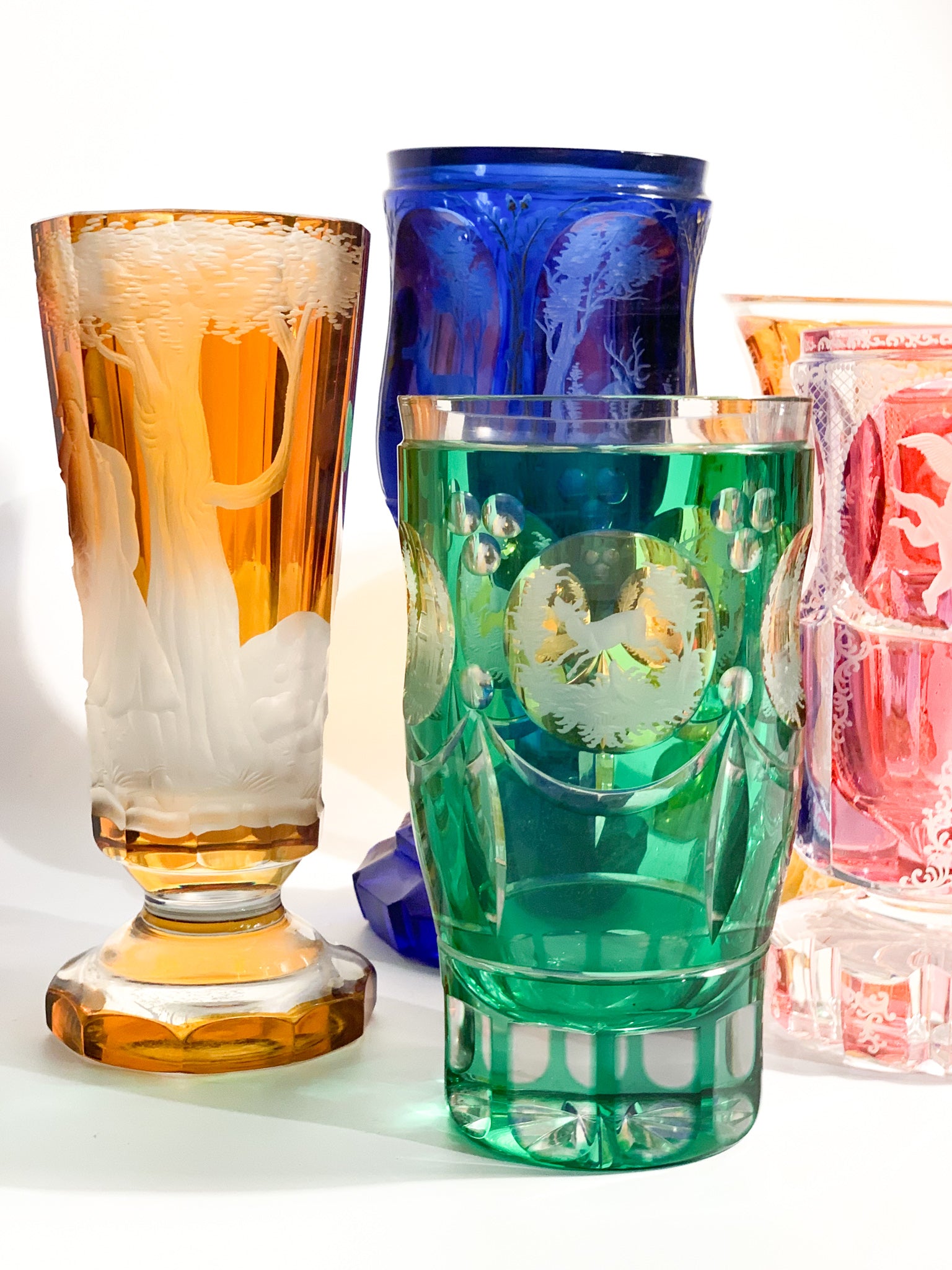 Acid-decorated Green and Yellow Biedermeier Crystal Glass from the 19th Century