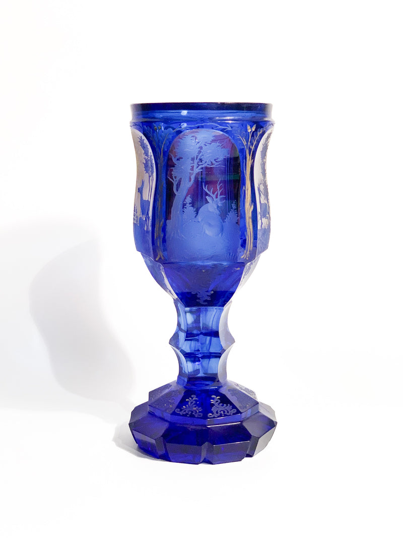 Bicchiere in Cristallo di Biedermeier Blu e Rosso e Decorazione ad Acido del 1800