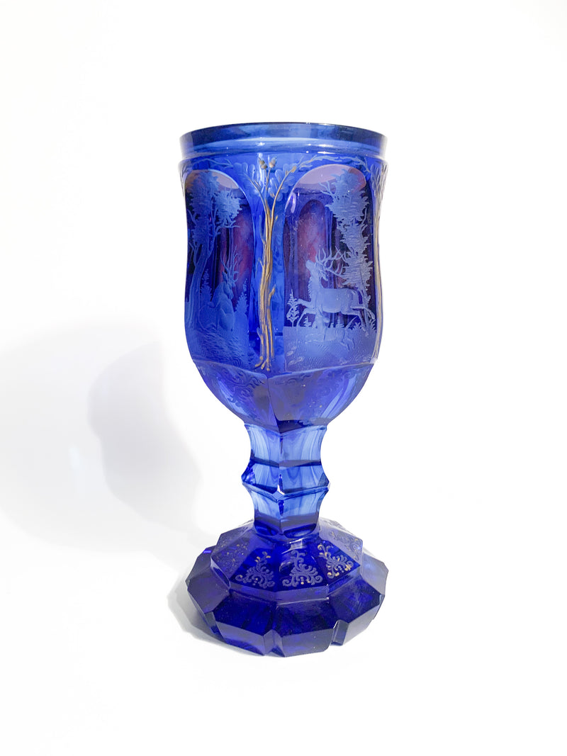 Bicchiere in Cristallo di Biedermeier Blu e Rosso e Decorazione ad Acido del 1800