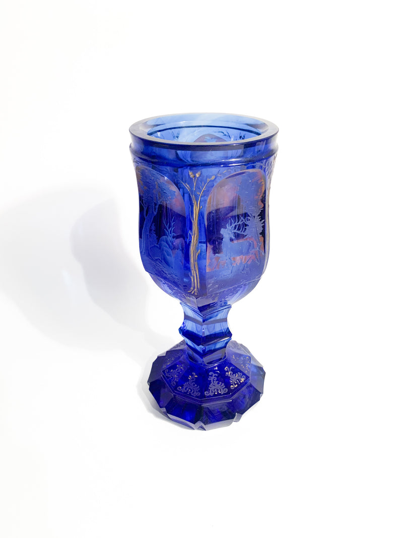 Bicchiere in Cristallo di Biedermeier Blu e Rosso e Decorazione ad Acido del 1800