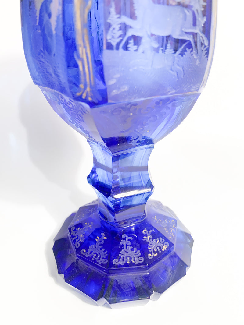 Bicchiere in Cristallo di Biedermeier Blu e Rosso e Decorazione ad Acido del 1800