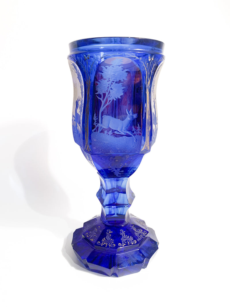 Bicchiere in Cristallo di Biedermeier Blu e Rosso e Decorazione ad Acido del 1800