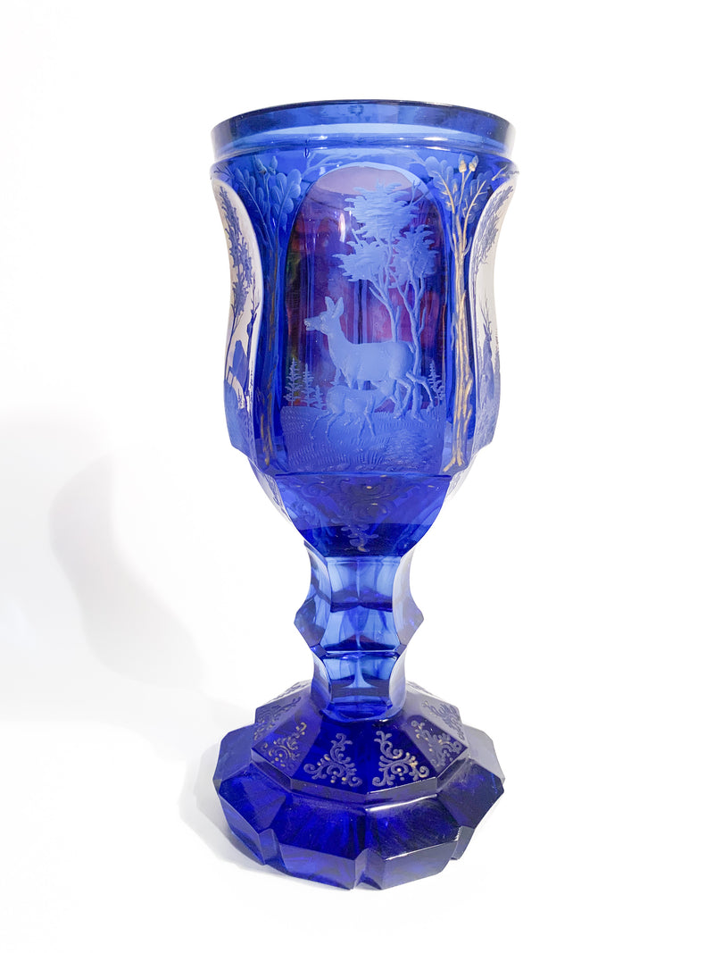 Bicchiere in Cristallo di Biedermeier Blu e Rosso e Decorazione ad Acido del 1800