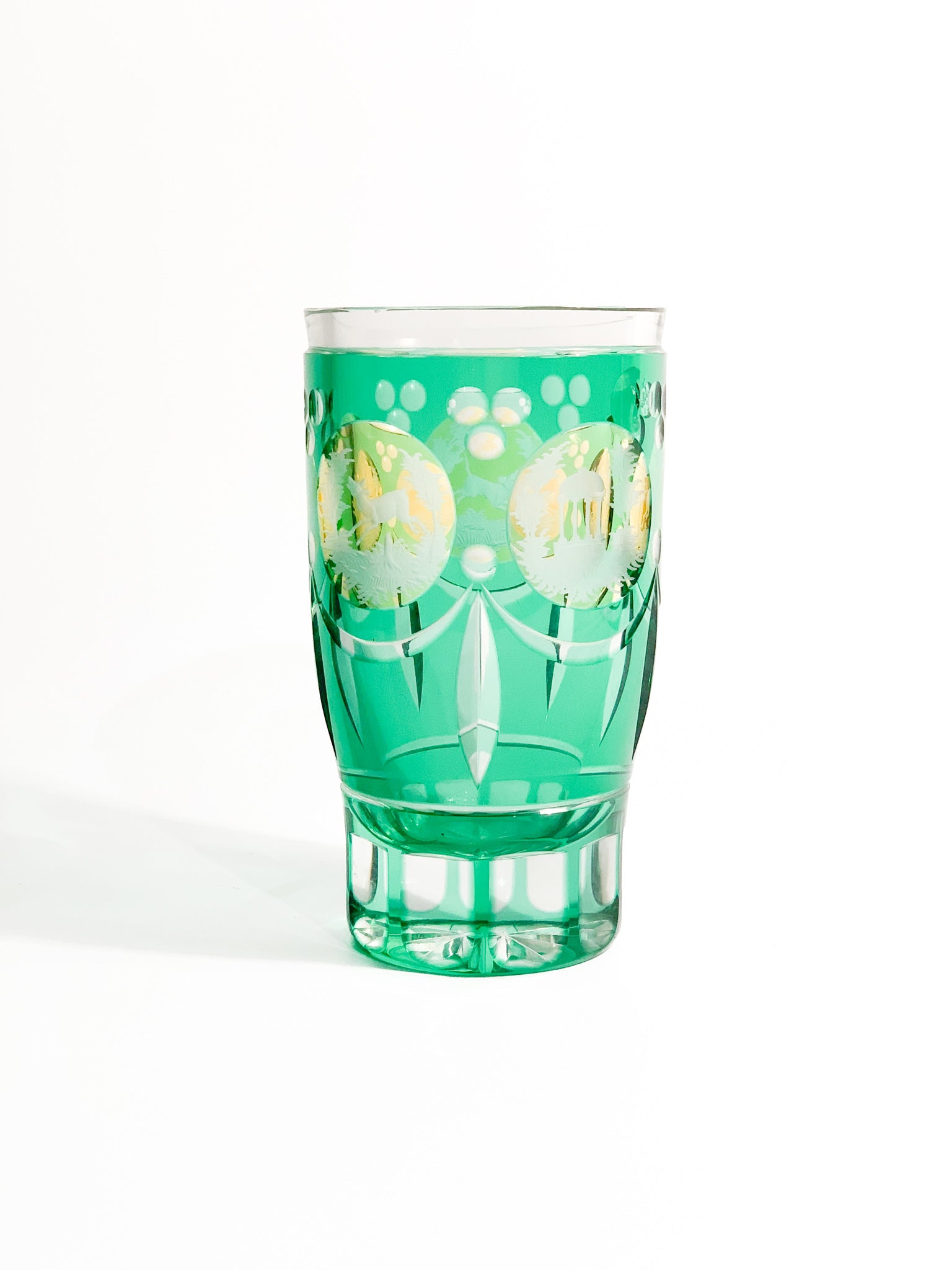 Acid-decorated Green and Yellow Biedermeier Crystal Glass from the 19th Century