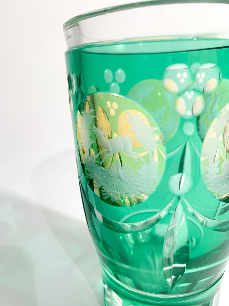 Bicchiere in Cristallo di Biedermeier Verde e Giallo Decorato ad Acido del 1800