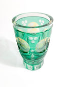 Bicchiere in Cristallo di Biedermeier Verde e Giallo Decorato ad Acido del 1800
