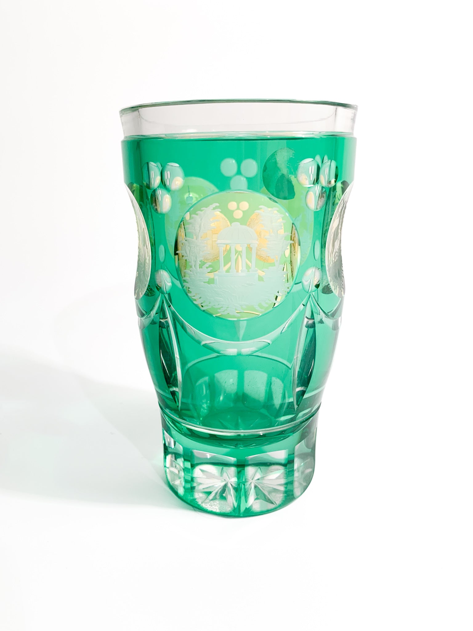 Acid-decorated Green and Yellow Biedermeier Crystal Glass from the 19th Century