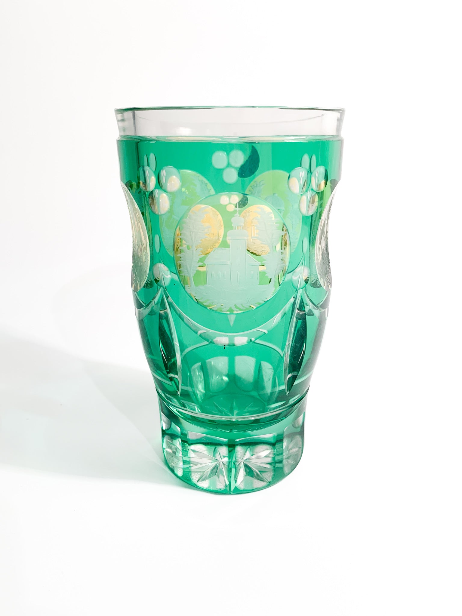 Acid-decorated Green and Yellow Biedermeier Crystal Glass from the 19th Century
