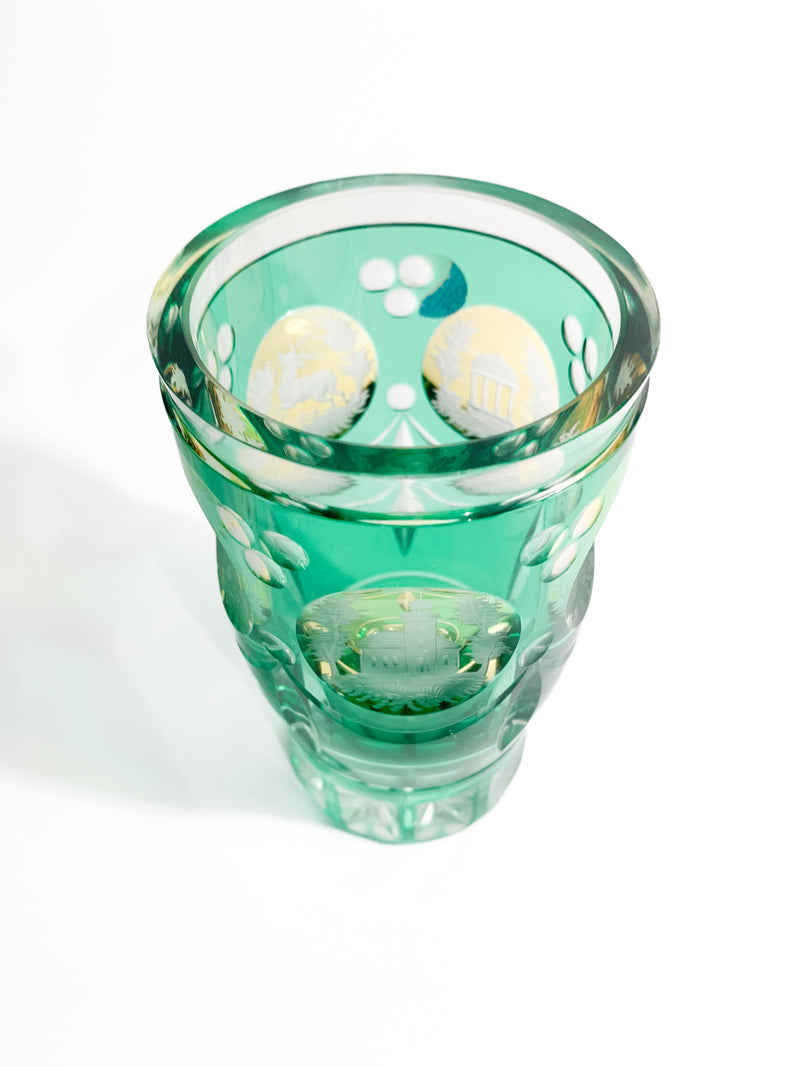 Acid-decorated Green and Yellow Biedermeier Crystal Glass from the 19th Century