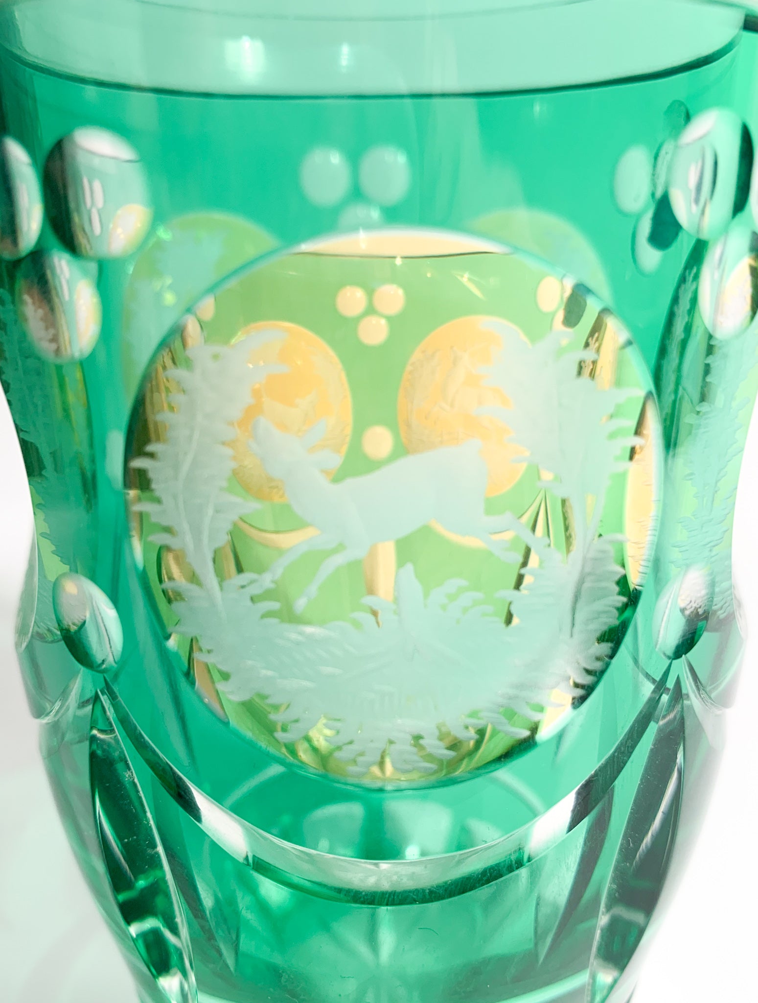 Acid-decorated Green and Yellow Biedermeier Crystal Glass from the 19th Century