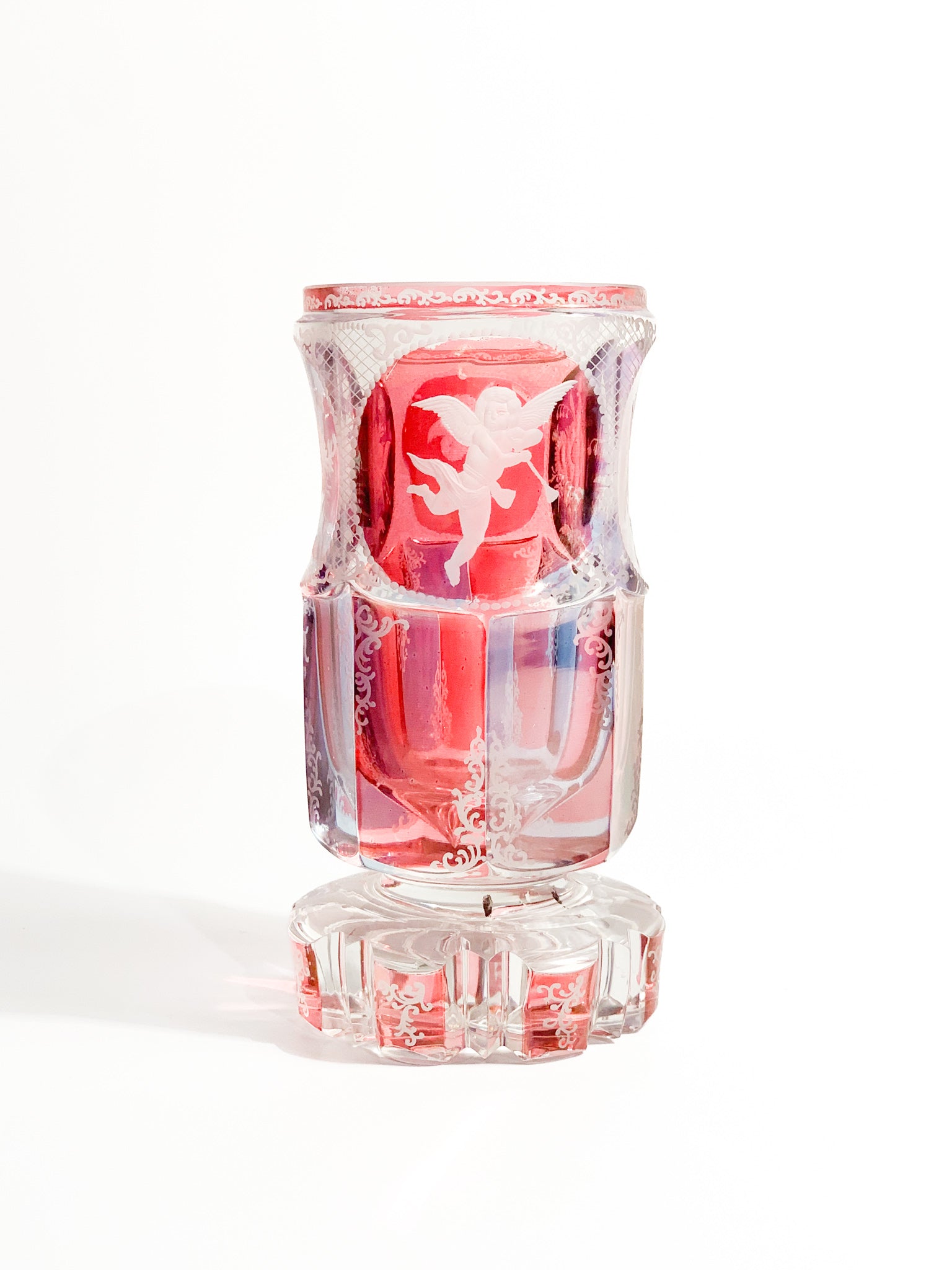 Pink and Purple Biedermeier Crystal Glass Decorated with Acid in 1800