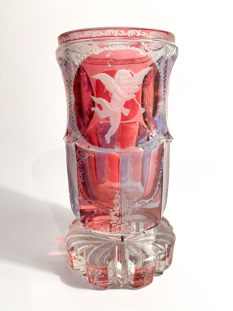 Pink and Purple Biedermeier Crystal Glass Decorated with Acid in 1800