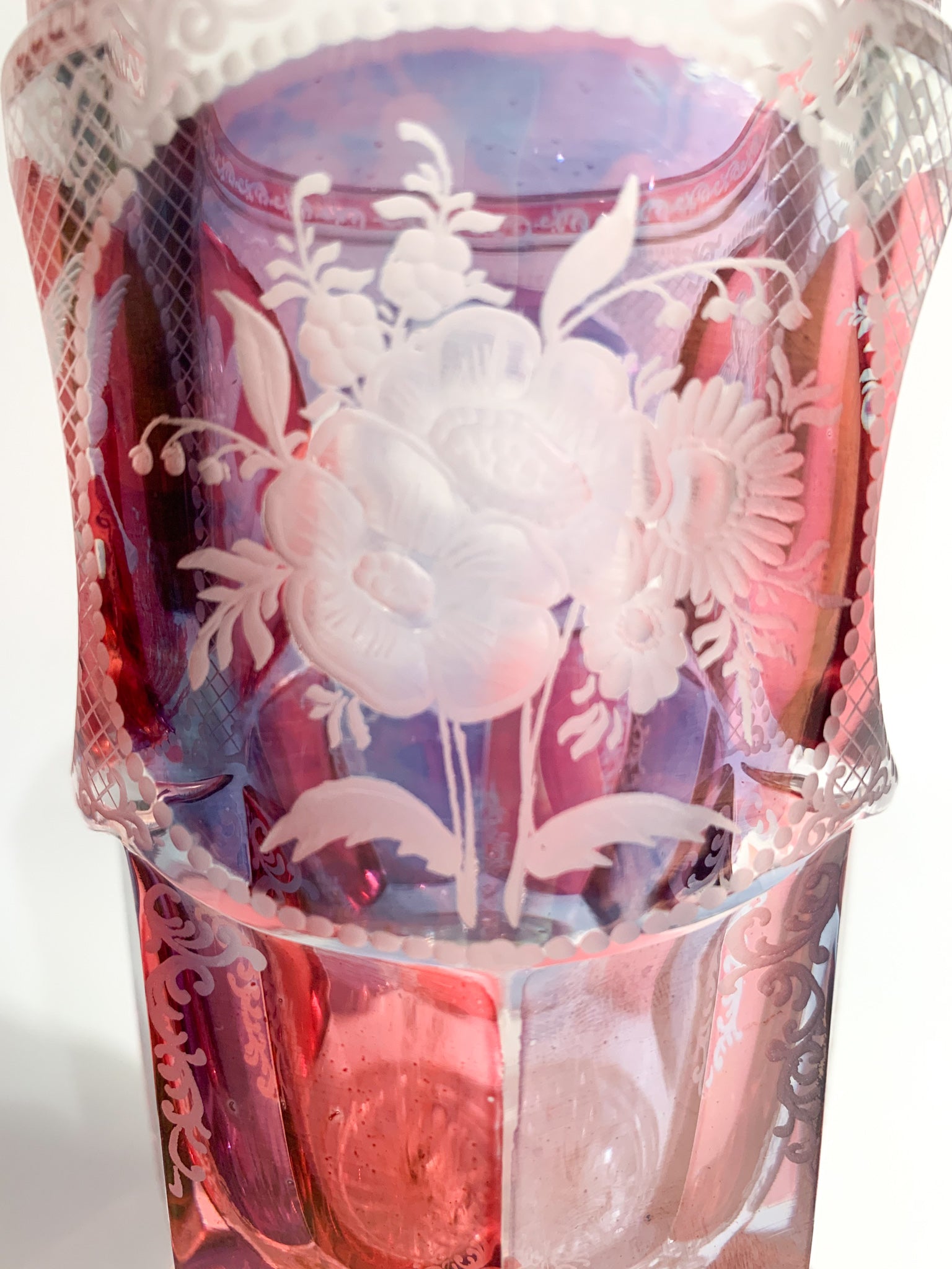 Pink and Purple Biedermeier Crystal Glass Decorated with Acid in 1800