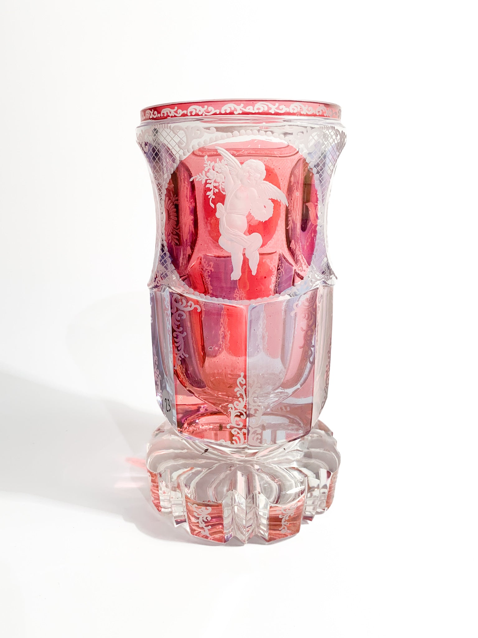 Pink and Purple Biedermeier Crystal Glass Decorated with Acid in 1800